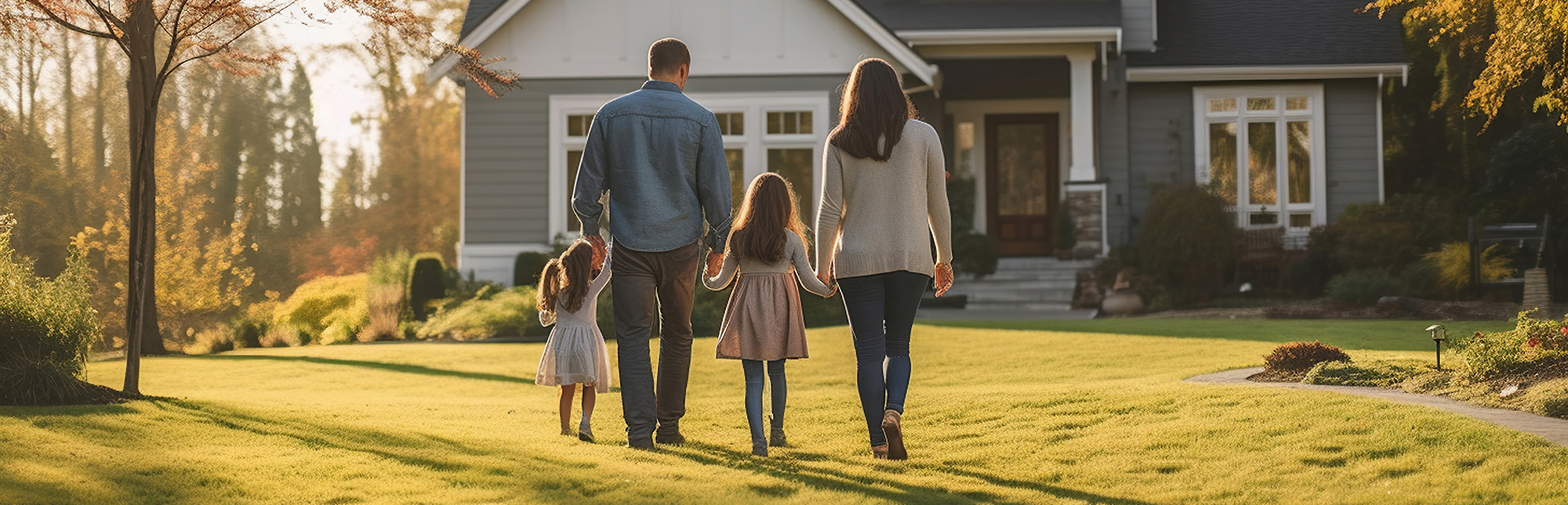 Family walking in front of home